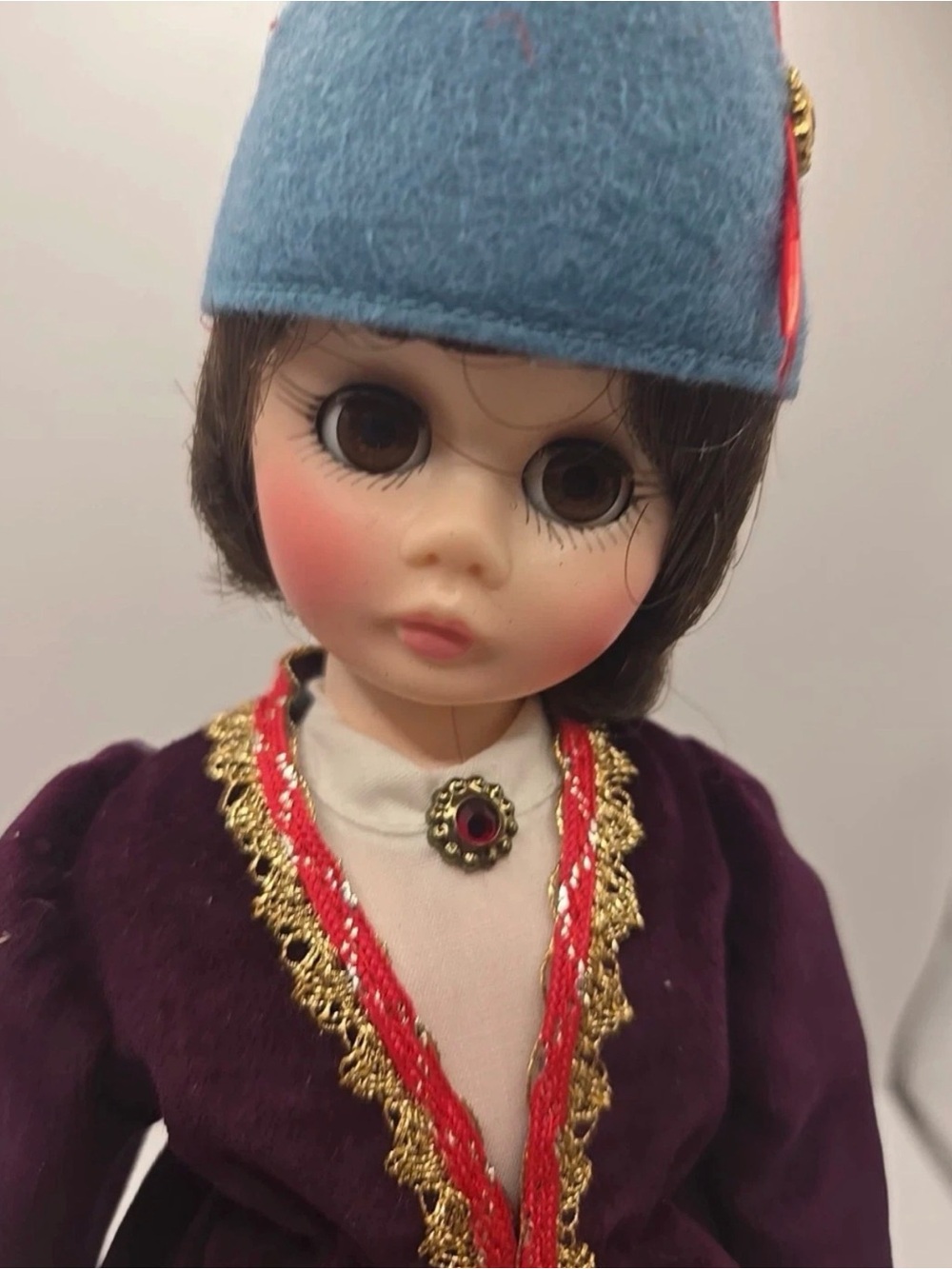 Madame Alexander Blue Felt Hat with Purple Outfit and Gold Trim